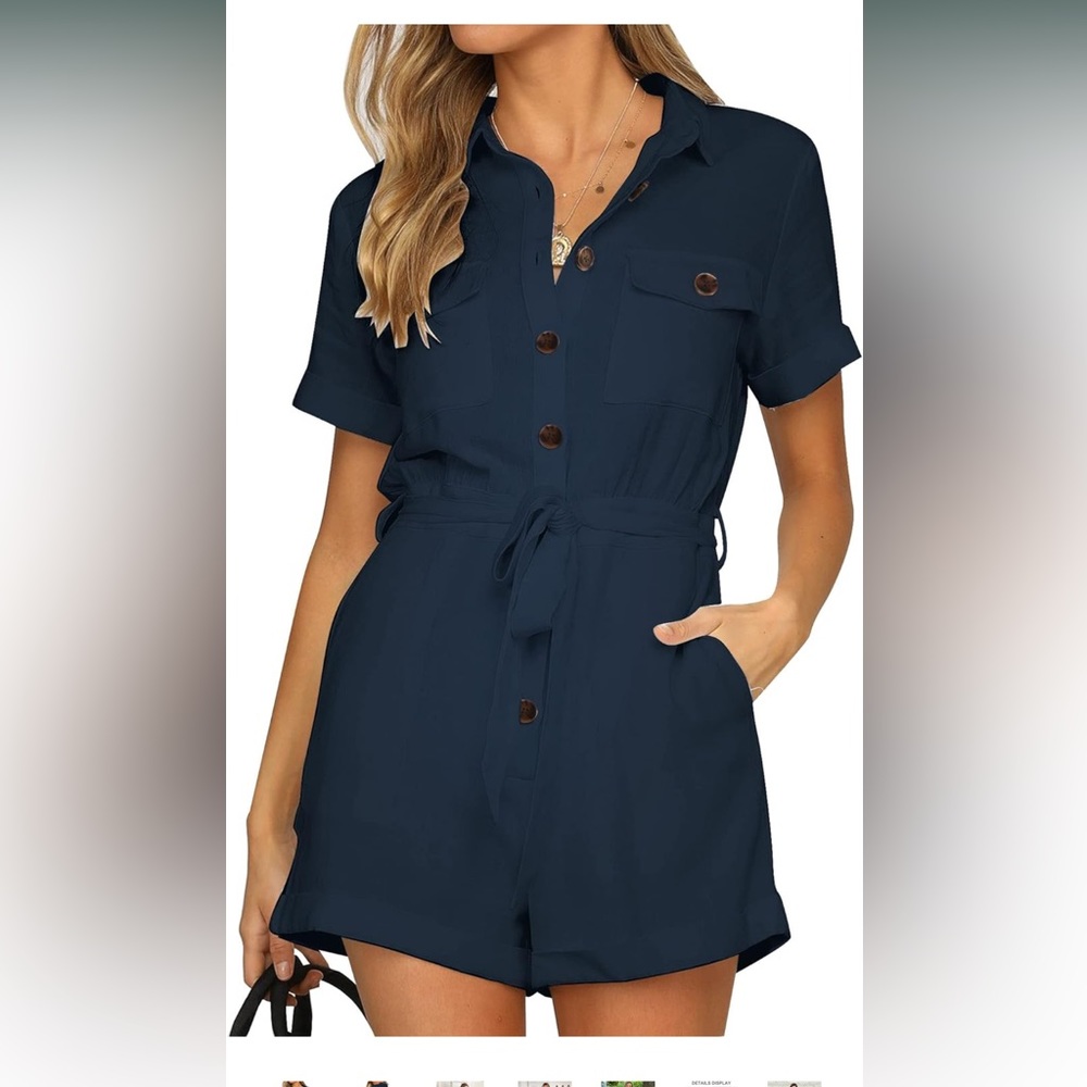 GRAPENT Women's Summer Short Sleeve Button Down Pockets Belted Jumpsuits Rompers - Picture 4 of 4